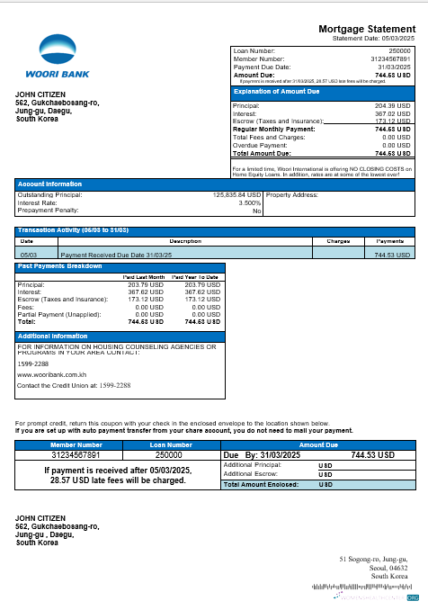 Download South Korea Woori bank mortgage statement in Word and PDF formats Photoshop template